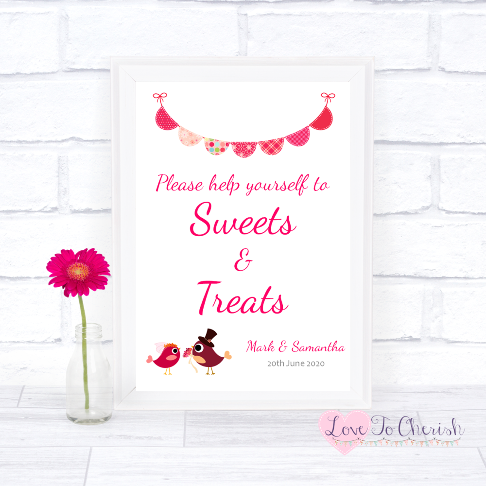 Sweets & Treats / Candy Table Wedding Sign - Bride & Groom Cute Love Birds 