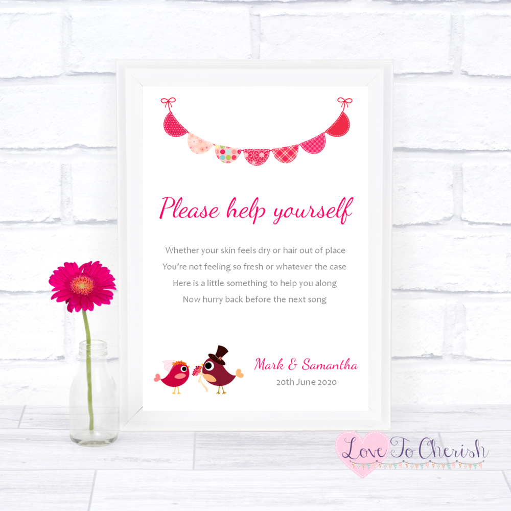 Toiletries/Bathroom Refresh Wedding Sign - Bride & Groom Cute Love Birds Da