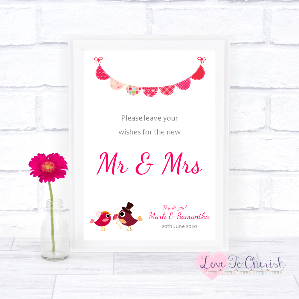 Wishes for the Mr & Mrs Wedding Sign - Bride & Groom Cute Love Birds Dark P