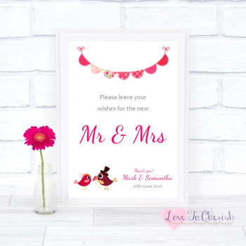 Bride & Groom Cute Love Birds Dark Pink - Wishes for the Mr & Mrs - Wedding Sign