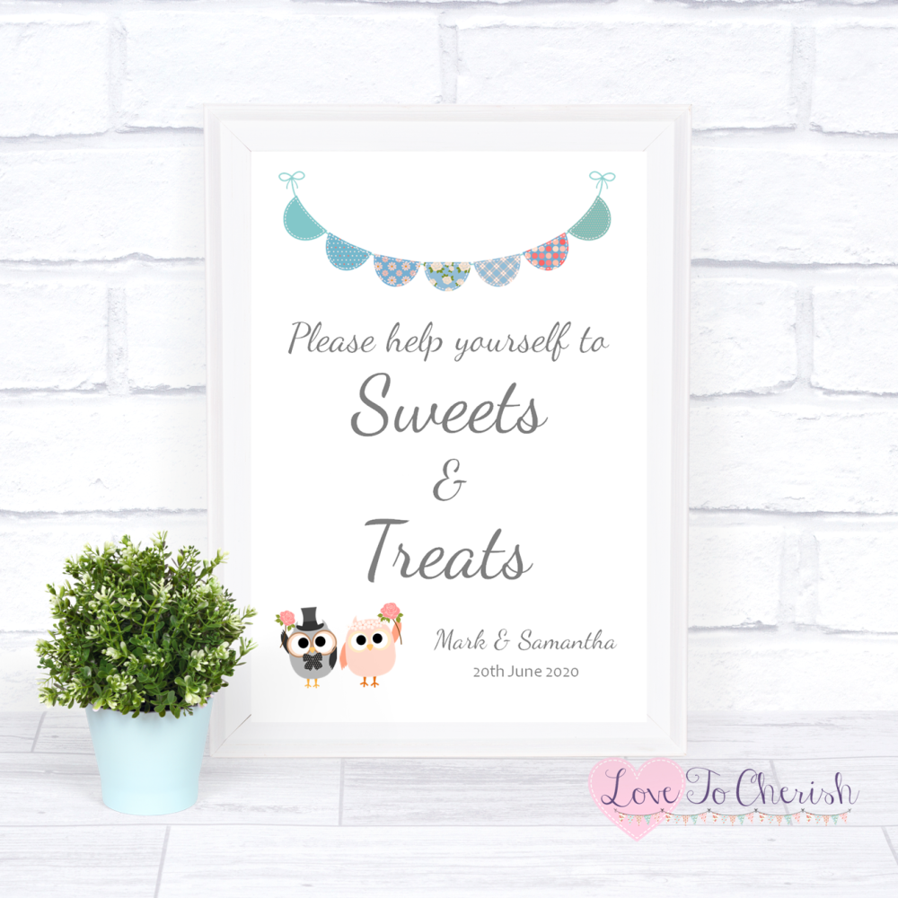 Sweets & Treats Candy Table Wedding Sign - Bride & Groom Cute Owls & Buntin