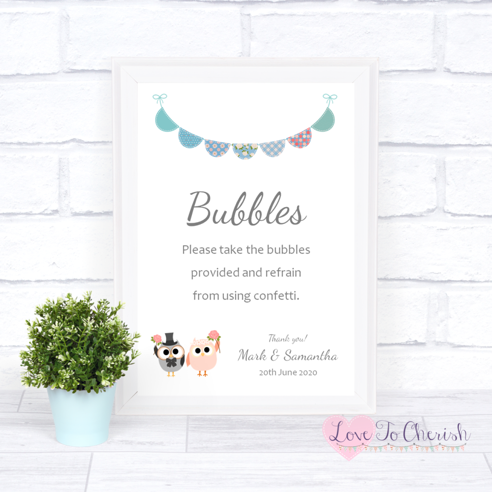 Bubbles Wedding Sign - Bride & Groom Cute Owls & Bunting Green/Blue | Love 