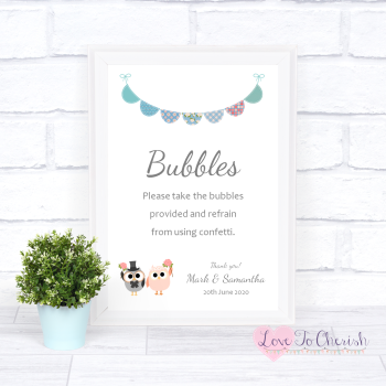 Bride & Groom Cute Owls & Bunting Green/Blue - Bubbles - Wedding Sign
