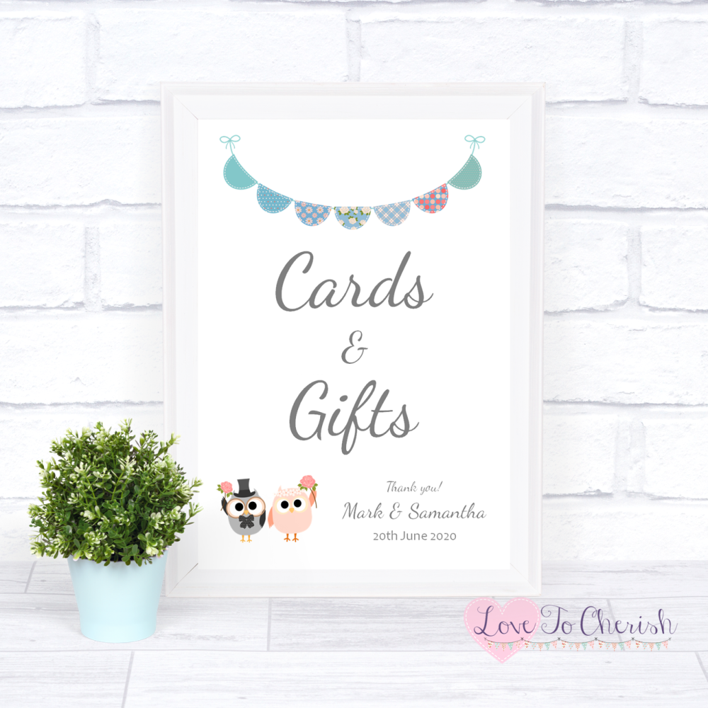 Cards & Gifts Wedding Sign - Bride & Groom Cute Owls & Bunting Green/Blue |