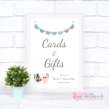 Bride & Groom Cute Owls & Bunting Green/Blue - Cards & Gifts - Wedding Sign