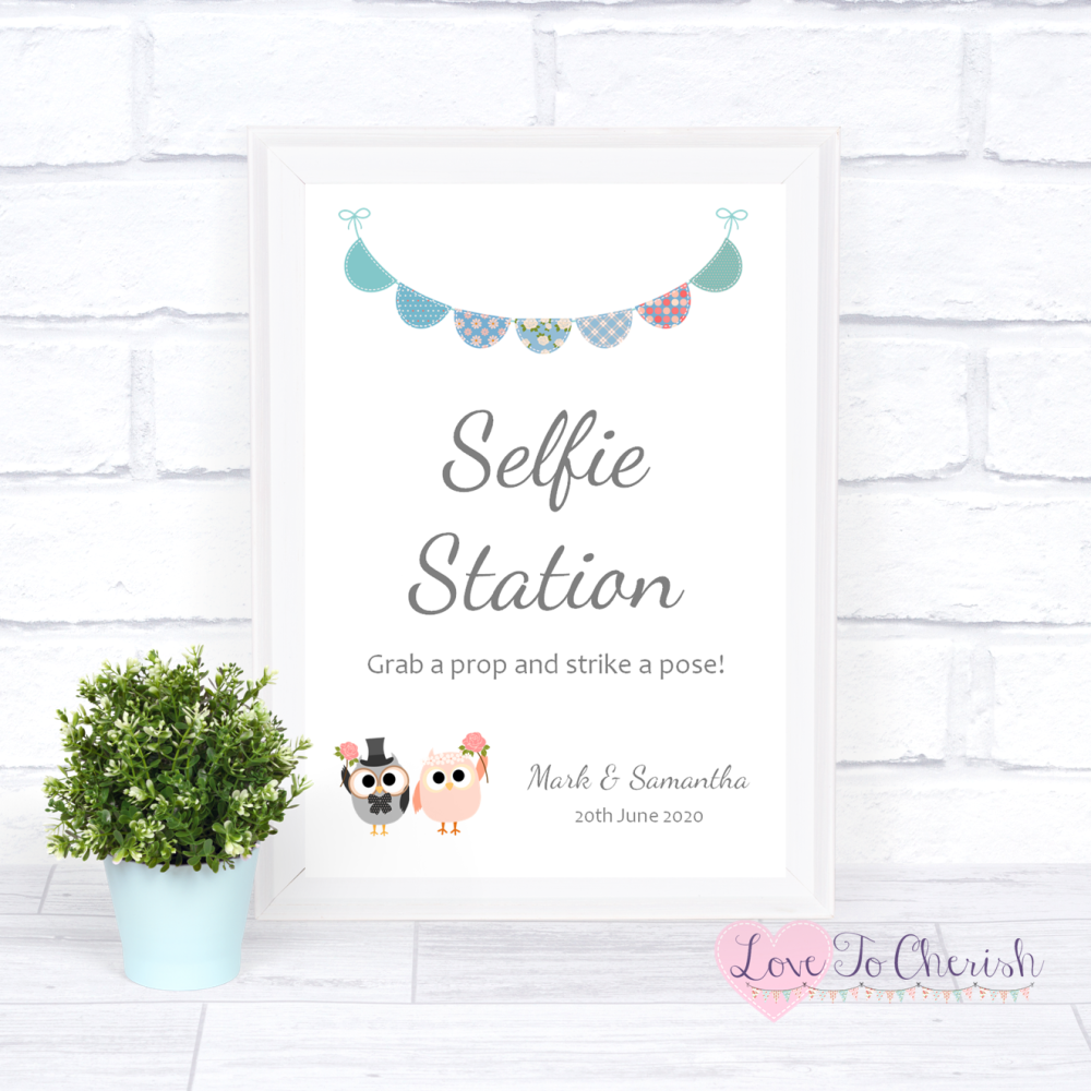 Selfie Station Wedding Sign - Bride & Groom Cute Owls & Bunting Green/Blue 