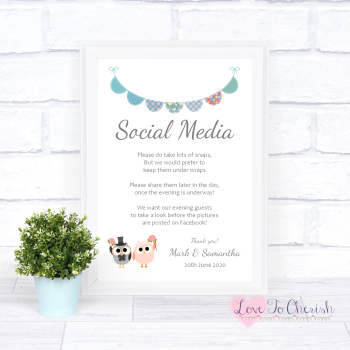 Bride & Groom Cute Owls & Bunting Green/Blue - Social Media - Wedding Sign