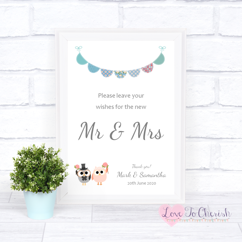 Wishes for the Mr & Mrs Wedding Sign - Bride & Groom Cute Owls & Bunting Gr