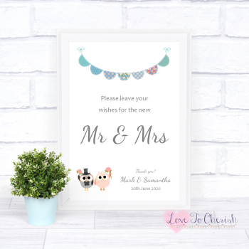 Bride & Groom Cute Owls & Bunting Green/Blue - Wishes for the Mr & Mrs - Wedding Sign