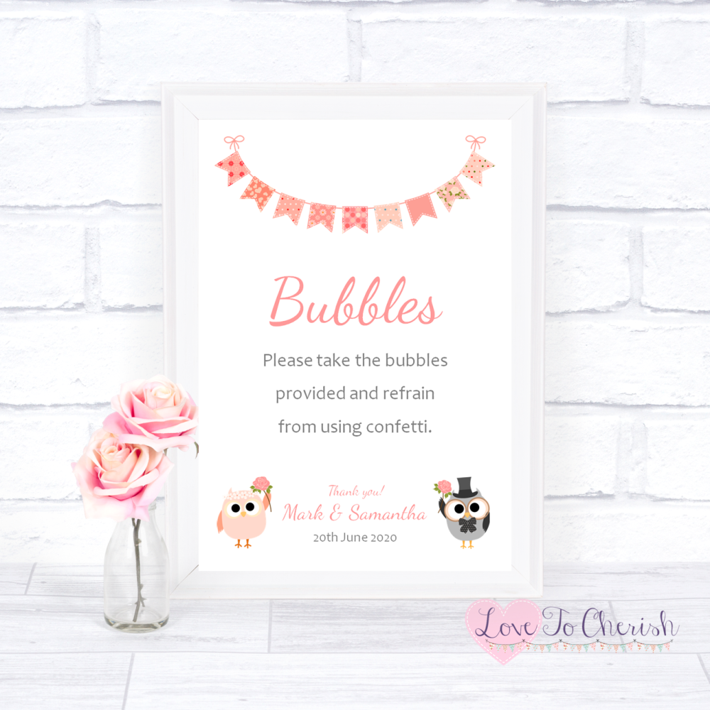 Bubbles Wedding Sign - Bride & Groom Cute Owls & Bunting Peach | Love To Ch