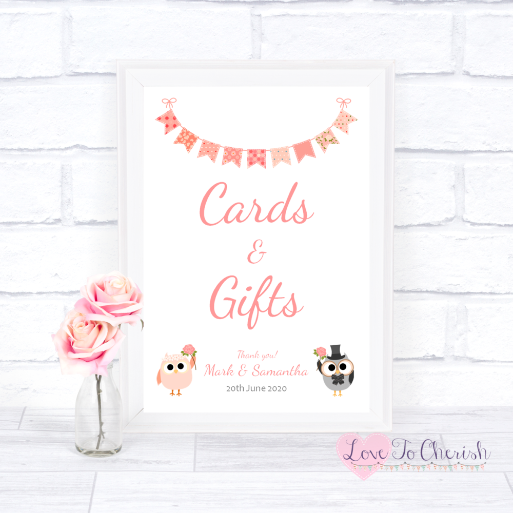 Cards & Gifts Wedding Sign - Bride & Groom Cute Owls & Bunting Peach | Love