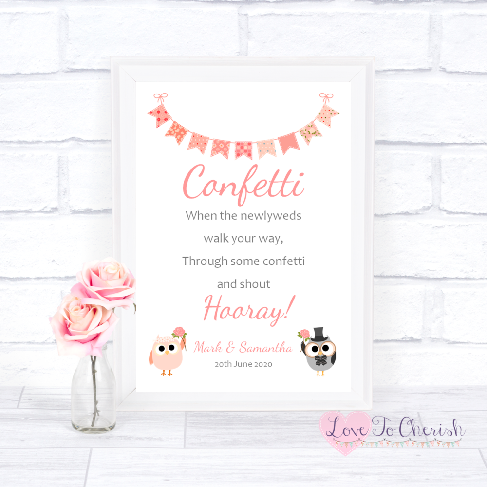 Confetti Wedding Sign - Bride & Groom Cute Owls & Bunting Peach | Love To C