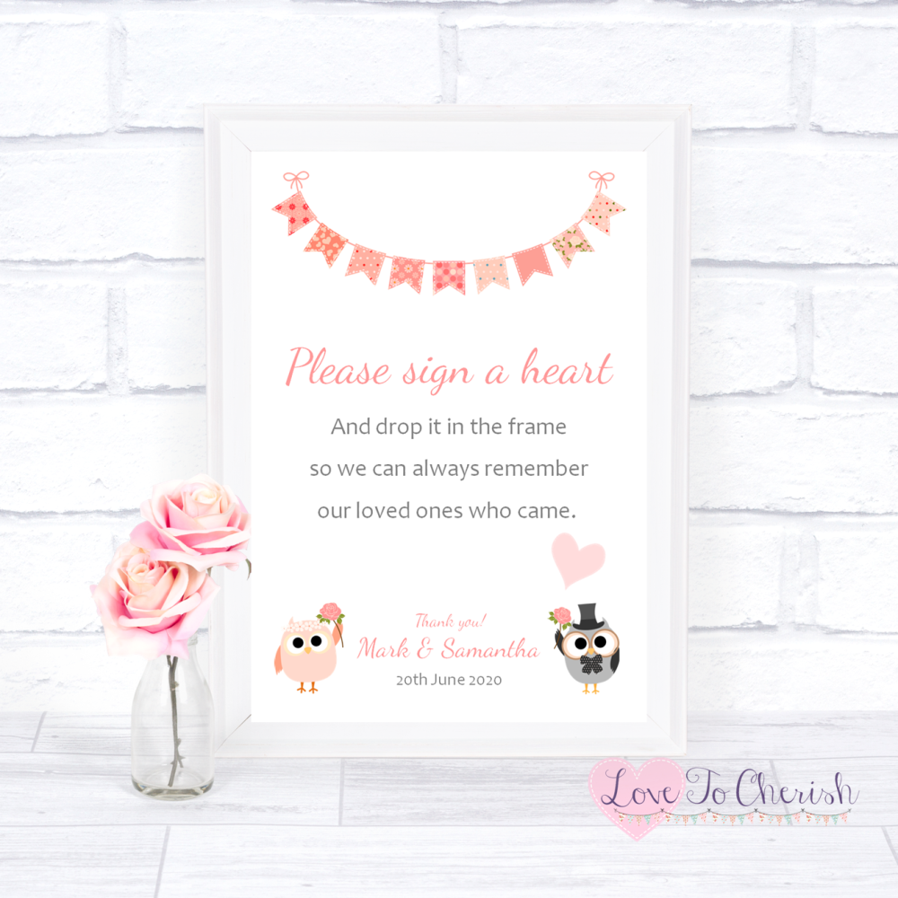 Sign A Heart Wedding Sign - Bride & Groom Cute Owls & Bunting Peach | Love 