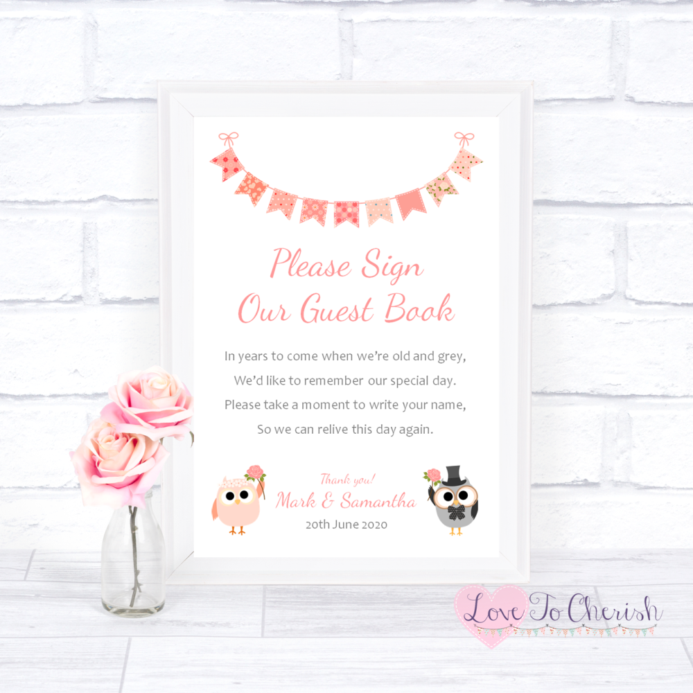 Sign Our Guest Book Wedding Sign - Bride & Groom Cute Owls & Bunting Peach 