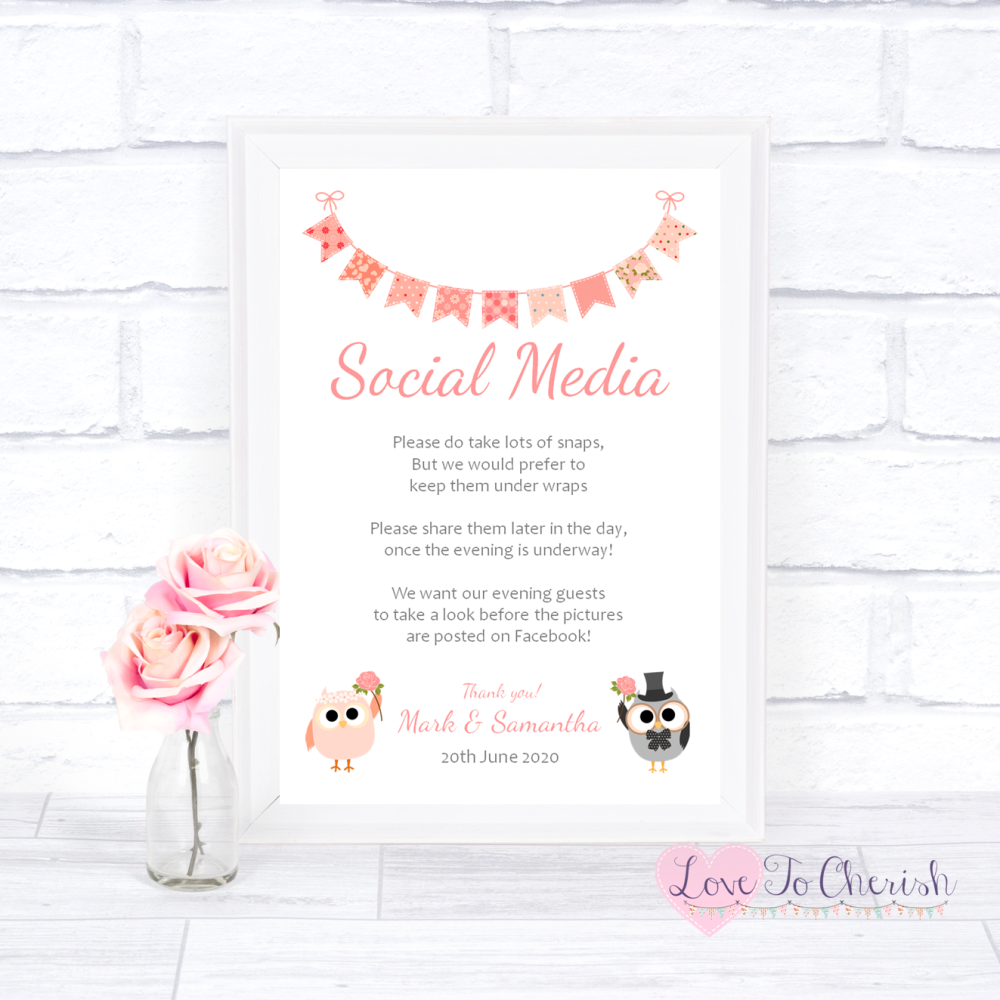 Social Media Wedding Sign - Bride & Groom Cute Owls & Bunting Peach | Love 