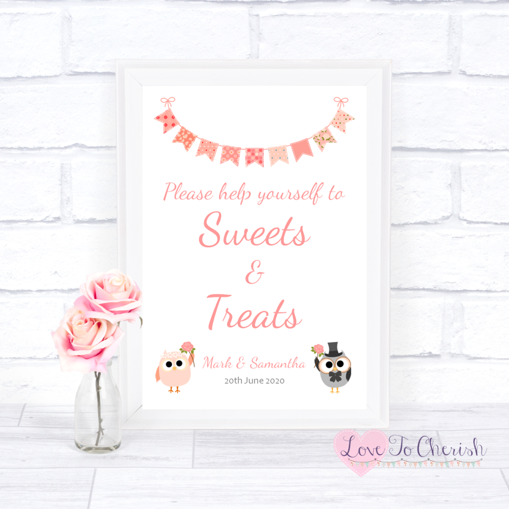 Sweets & Treats / Candy Table Wedding Sign - Bride & Groom Cute Owls & Bunt