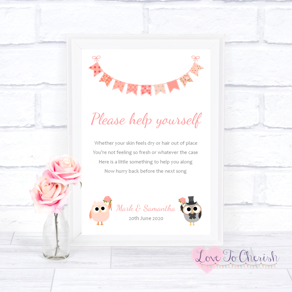 Toiletries/Bathroom Refresh Wedding Sign - Bride & Groom Cute Owls & Buntin
