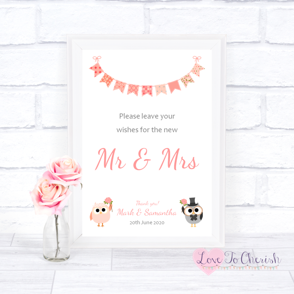Bride & Groom Cute Owls & Bunting Peach - Wishes for the Mr & Mrs - Wedding Sign