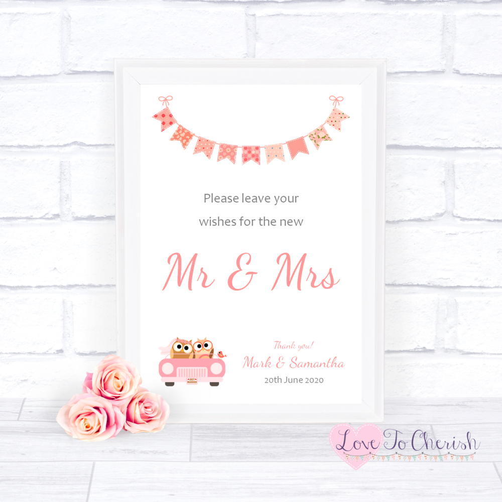 Wishes for the Mr & Mrs Wedding Sign - Bride & Groom Cute Owls in Car Peach