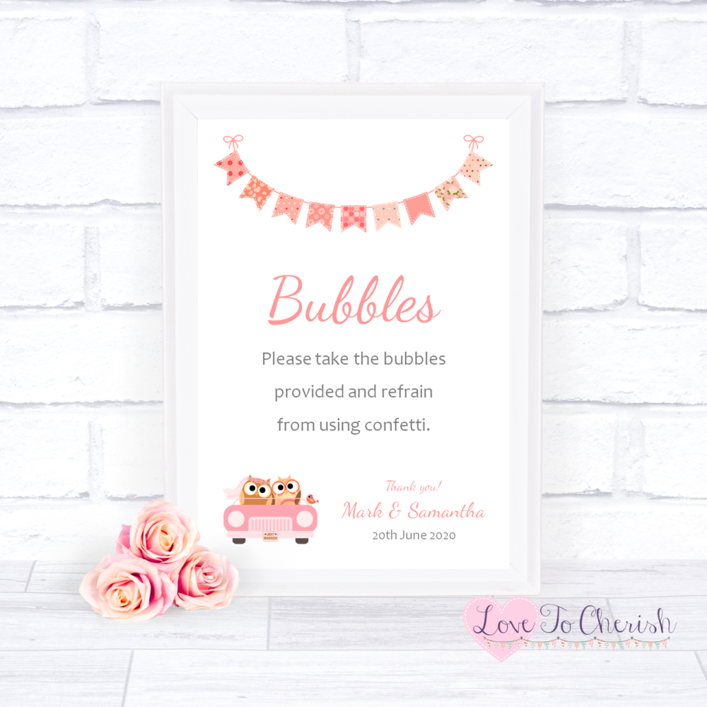 Bubbles Wedding Sign - Bride & Groom Cute Owls in Car Peach | Love To Cheri