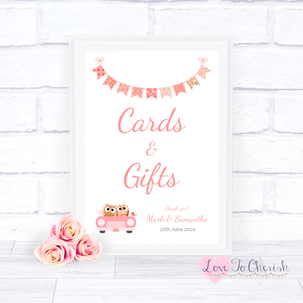 Cards & Gifts Wedding Sign - Bride & Groom Cute Owls in Car Peach | Love To