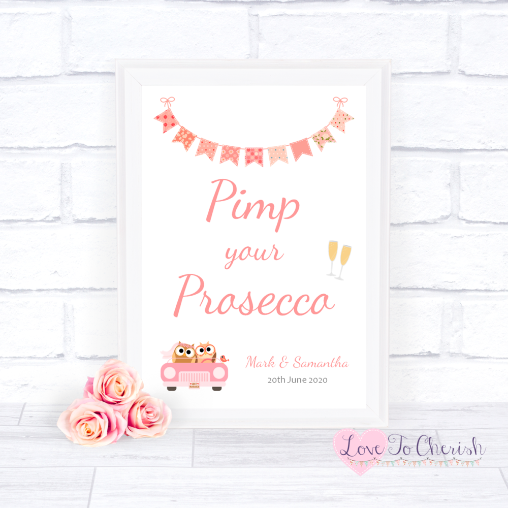 Pimp Your Prosecco Wedding Sign - Bride & Groom Cute Owls in Car Peach | Lo