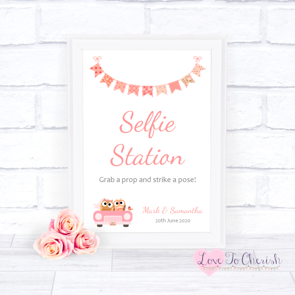 Selfie Station Wedding Sign - Bride & Groom Cute Owls in Car Peach | Love T