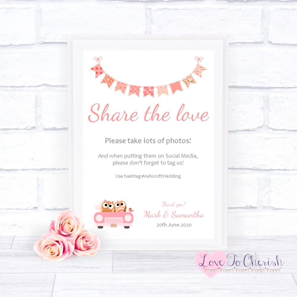Share The Love / Photo Sharing Wedding Sign - Bride & Groom Cute Owls in Ca
