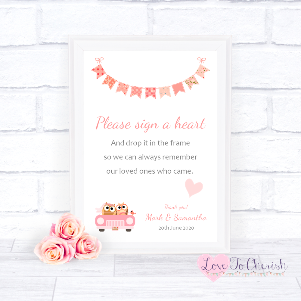 Sign A Heart Wedding Sign - Bride & Groom Cute Owls in Car Peach | Love To 