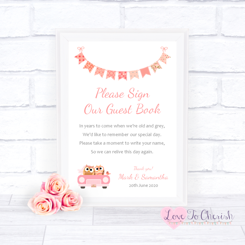 Sign Our Guest Book Wedding Sign - Bride & Groom Cute Owls in Car Peach | L