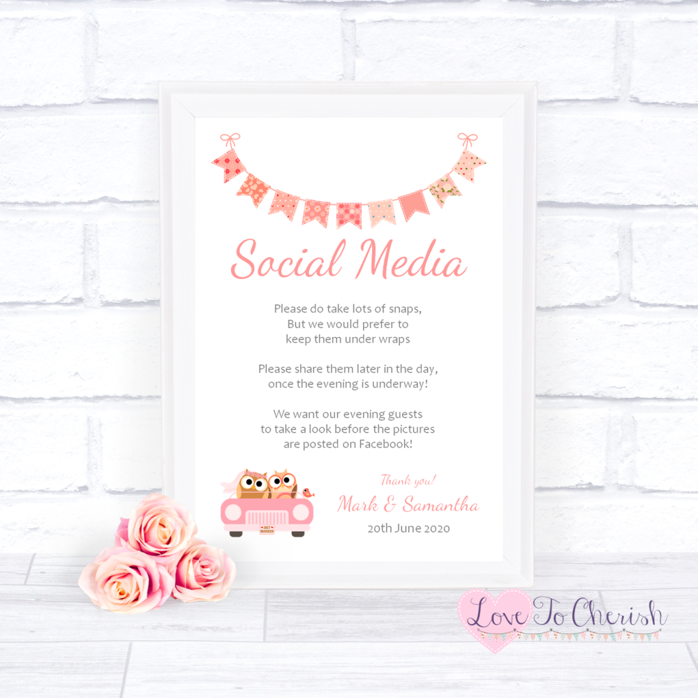 Bride & Groom Cute Owls in Car Peach - Social Media - Wedding Sign