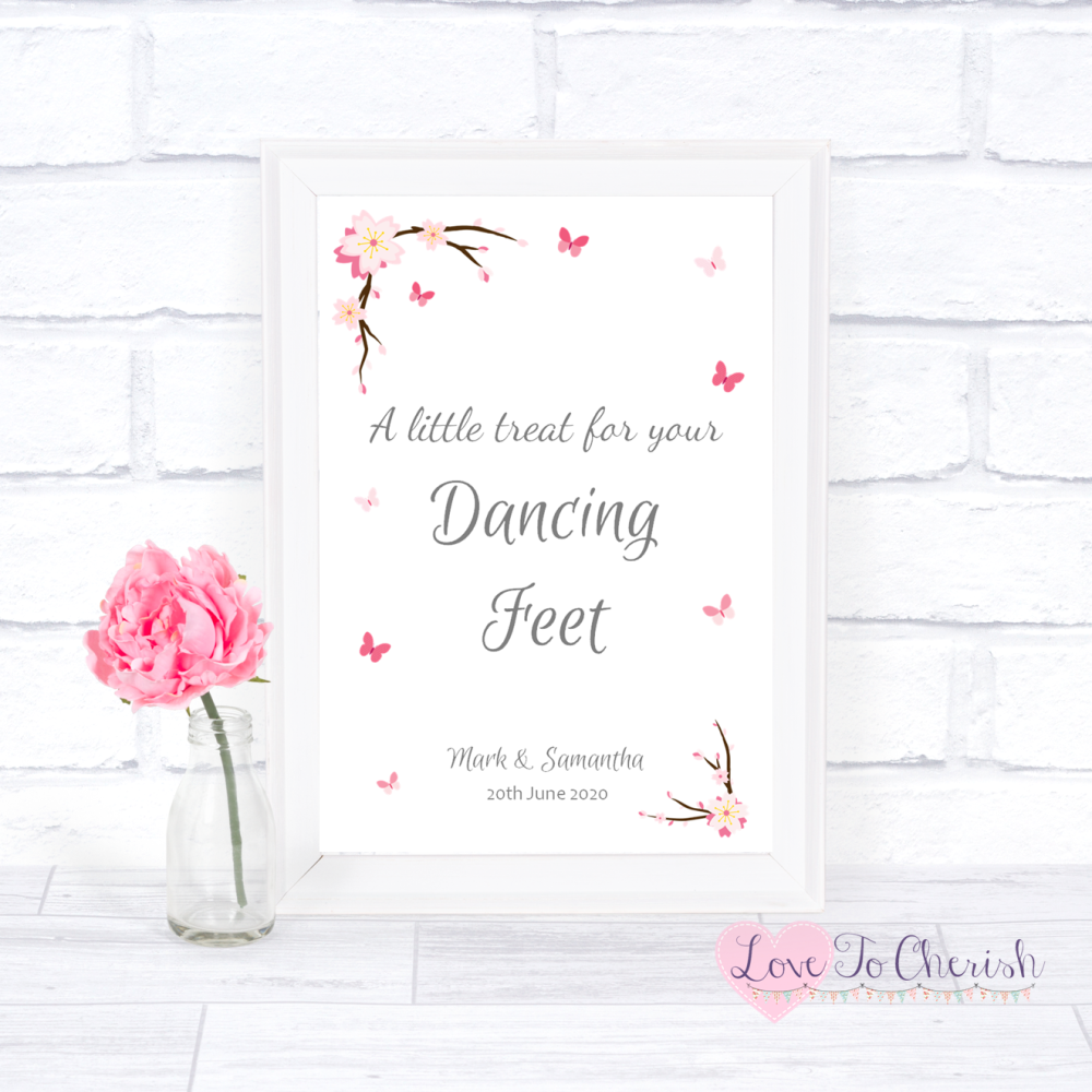 Dancing Feet / Flip Flops Wedding Sign - Cherry Blossom & Butterflies | Lov