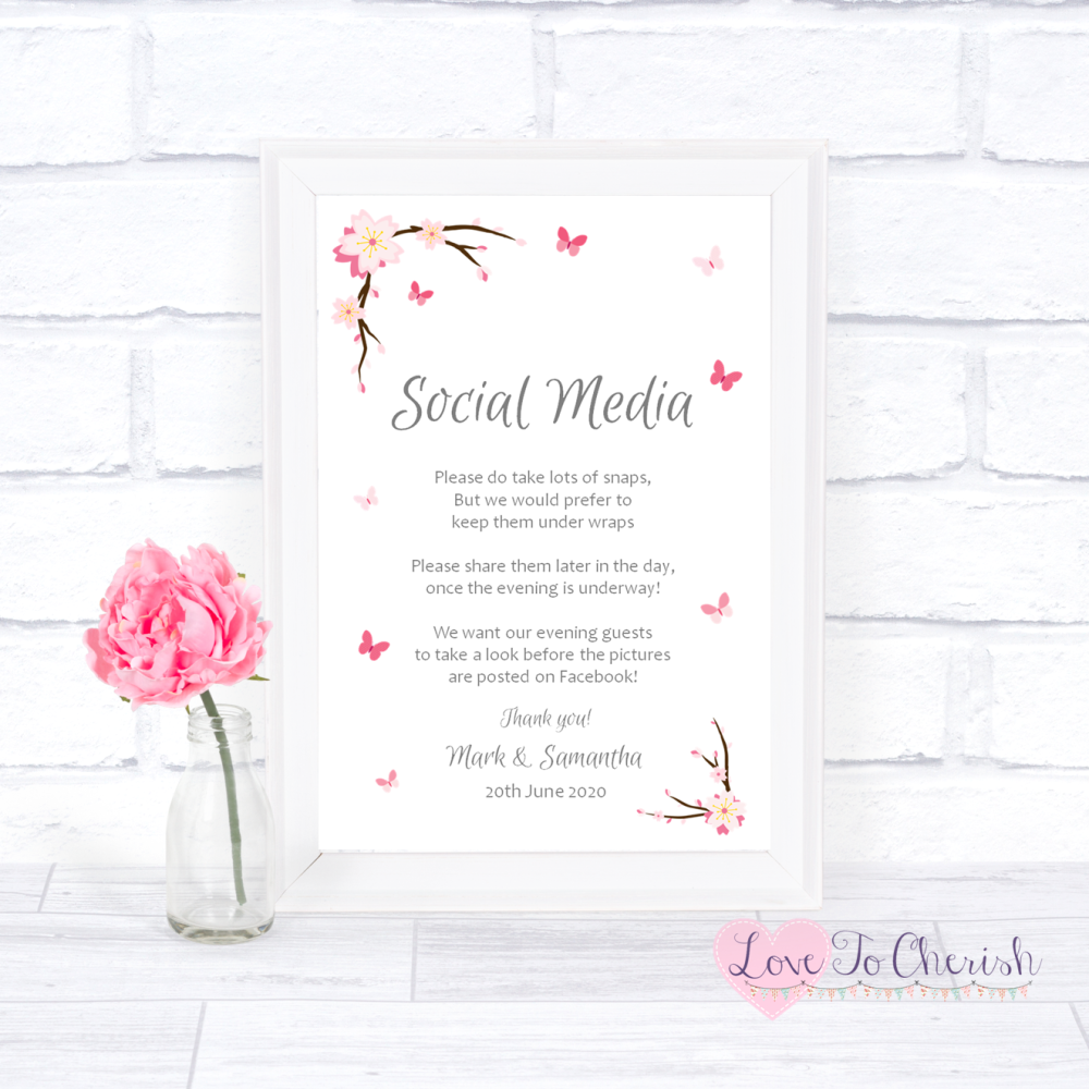 Social Media Wedding Sign - Cherry Blossom & Butterflies | Love To Cherish