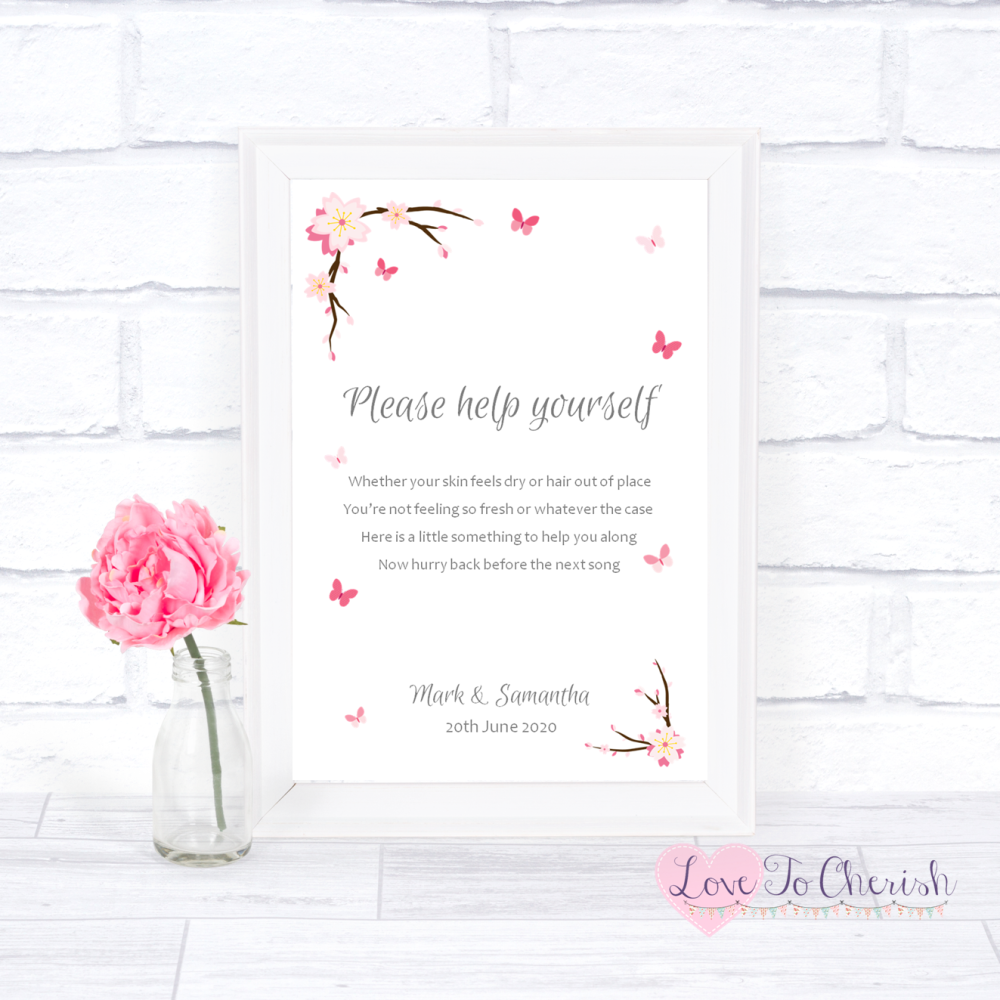 Toiletries/Bathroom Refresh Wedding Sign - Cherry Blossom & Butterflies | L
