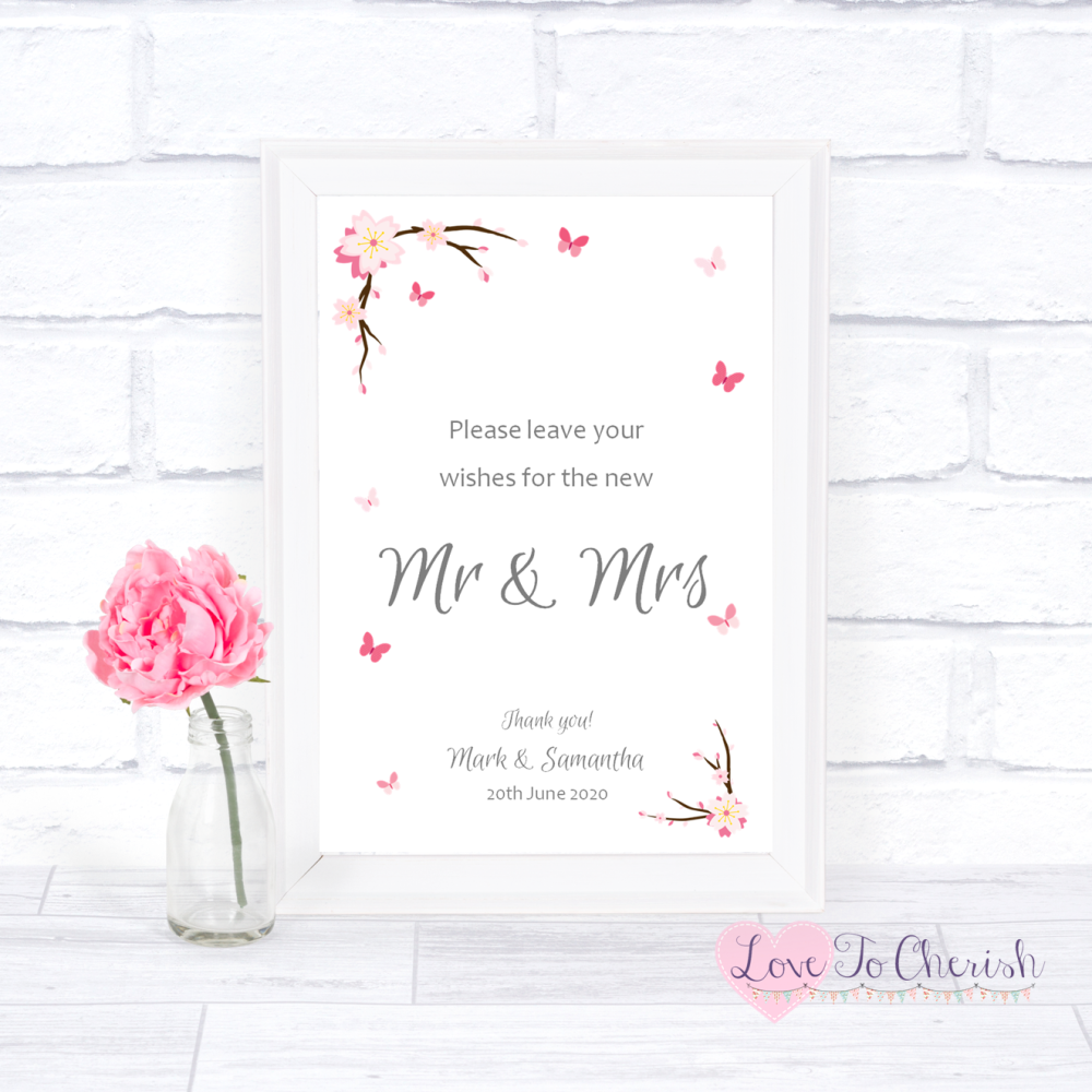 Wishes for the Mr & Mrs Wedding Sign - Cherry Blossom & Butterflies | Love 