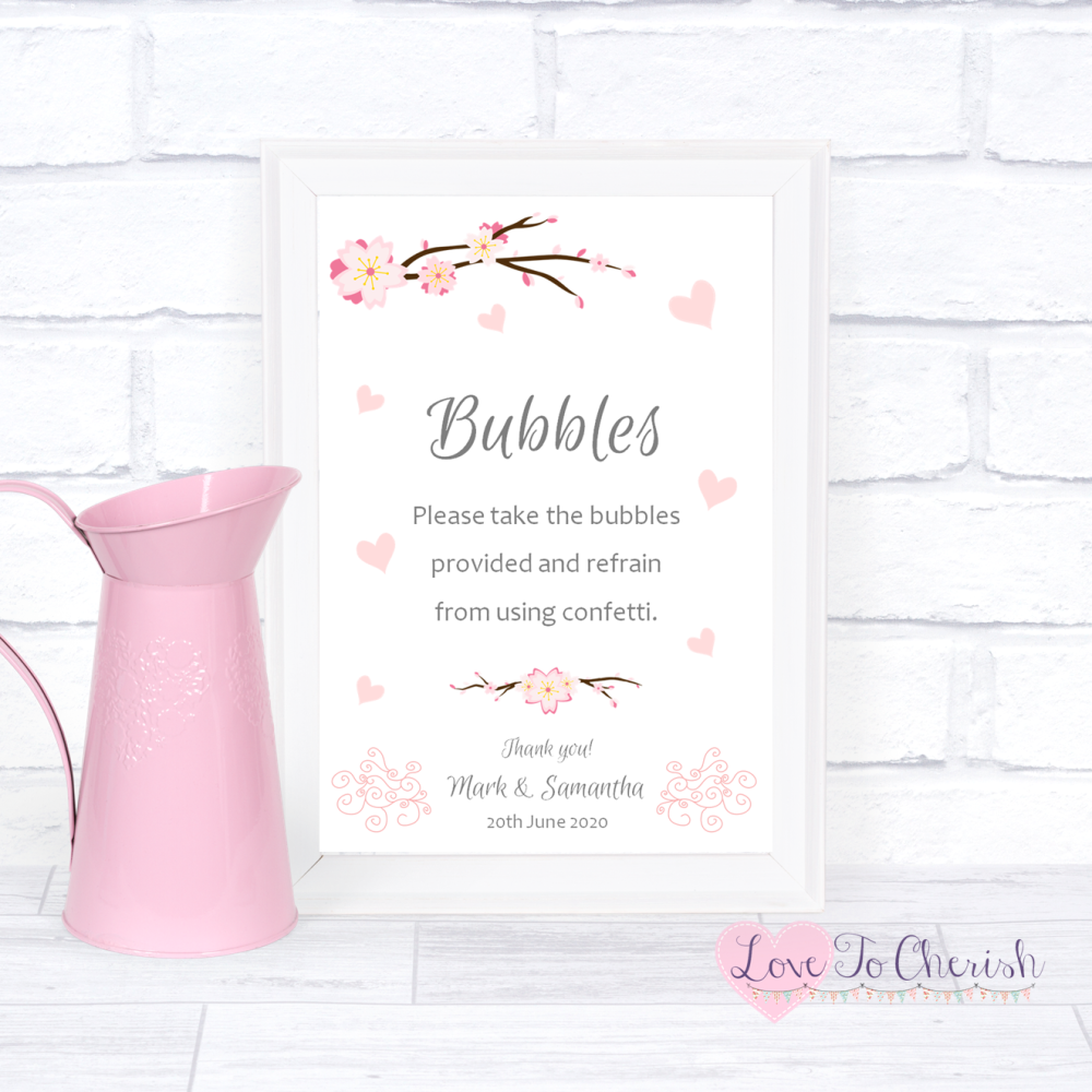 Bubbles Wedding Sign - Cherry Blossom & Pink Hearts | Love To Cherish