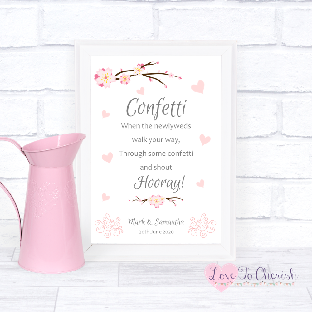 Confetti Wedding Sign - Cherry Blossom & Pink Hearts | Love To Cherish