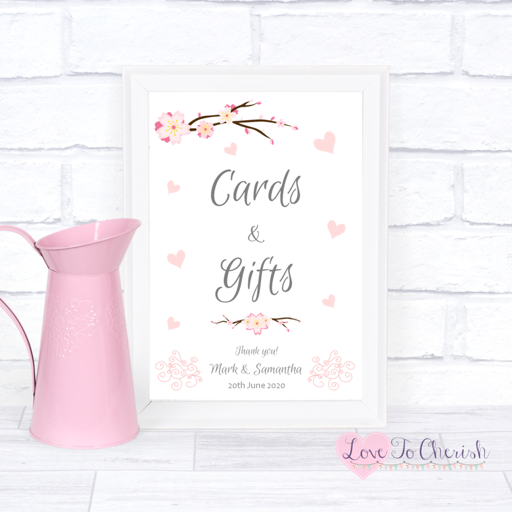Cards & Gifts Wedding Sign - Cherry Blossom & Pink Hearts | Love To Cherish