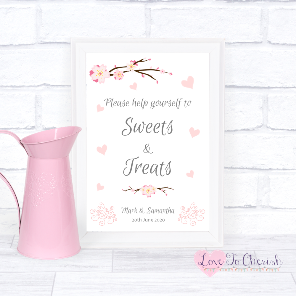Sweets & Treats / Candy Table Wedding Sign - Cherry Blossom & Pink Hearts |