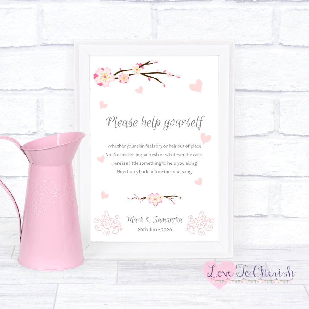 Toiletries/Bathroom Refresh Wedding Sign - Cherry Blossom & Pink Hearts | L