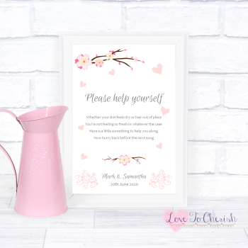 Cherry Blossom & Pink Hearts - Toiletries/Bathroom Refresh - Wedding Sign