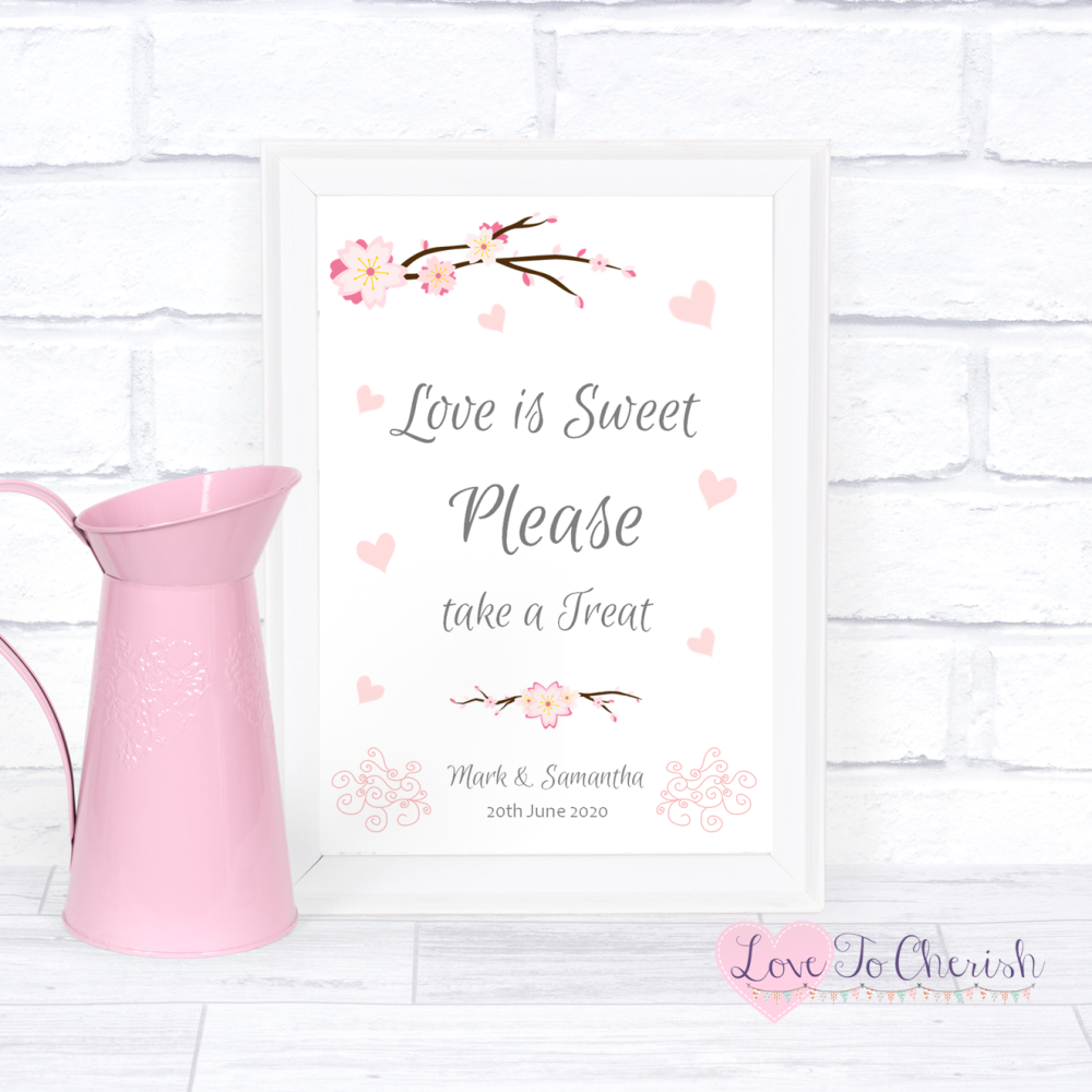 Love Is Sweet / Candy Table Wedding Sign - Cherry Blossom & Pink Hearts | L