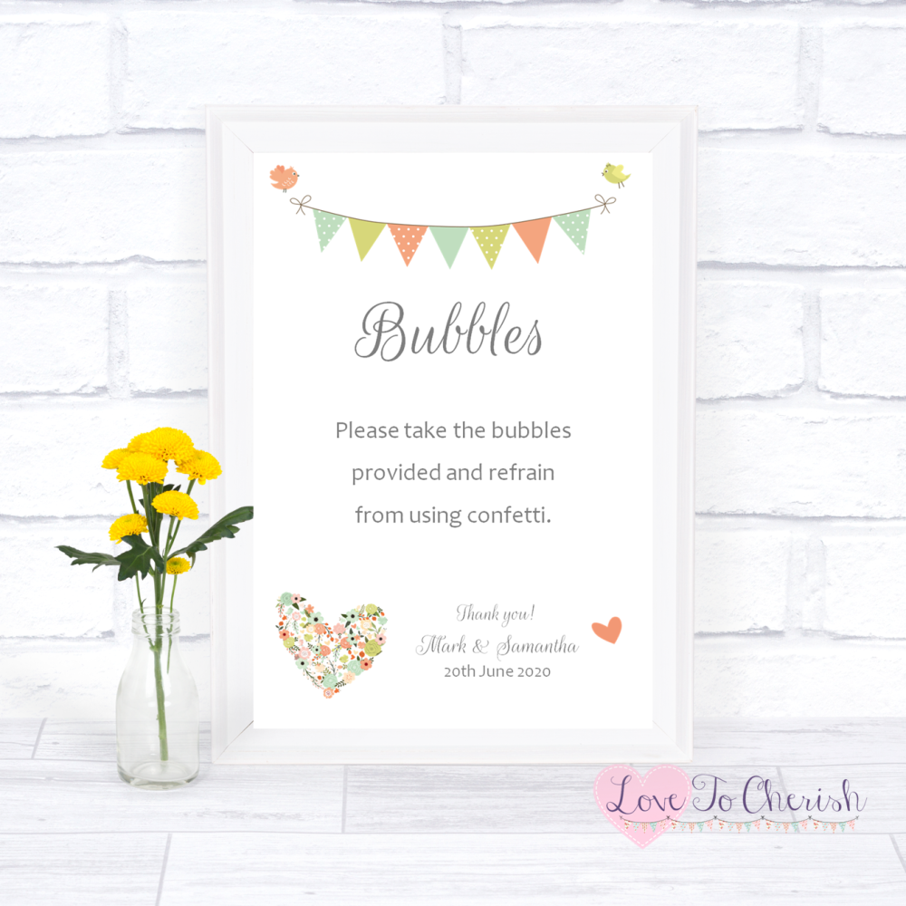 Bubbles Wedding Sign - Shabby Chic Flower Heart & Bunting  | Love To Cheris