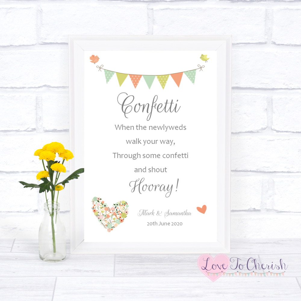 Confetti Wedding Sign- Shabby Chic Flower Heart & Bunting  | Love To Cheris