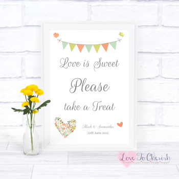 Shabby Chic Flower Heart & Bunting - Love Is Sweet - Wedding Sign