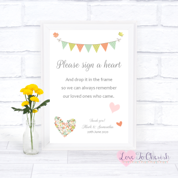 Shabby Chic Flower Heart & Bunting - Sign A Heart - Wedding Sign