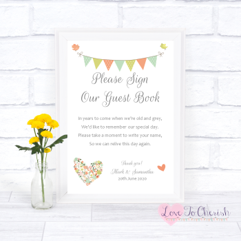 Shabby Chic Flower Heart & Bunting - Sign Our Guest Book - Wedding Sign