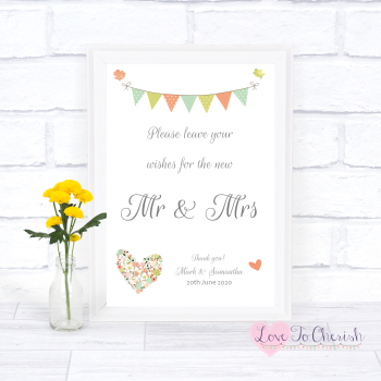 Shabby Chic Flower Heart & Bunting - Wishes for the Mr & Mrs - Wedding Sign