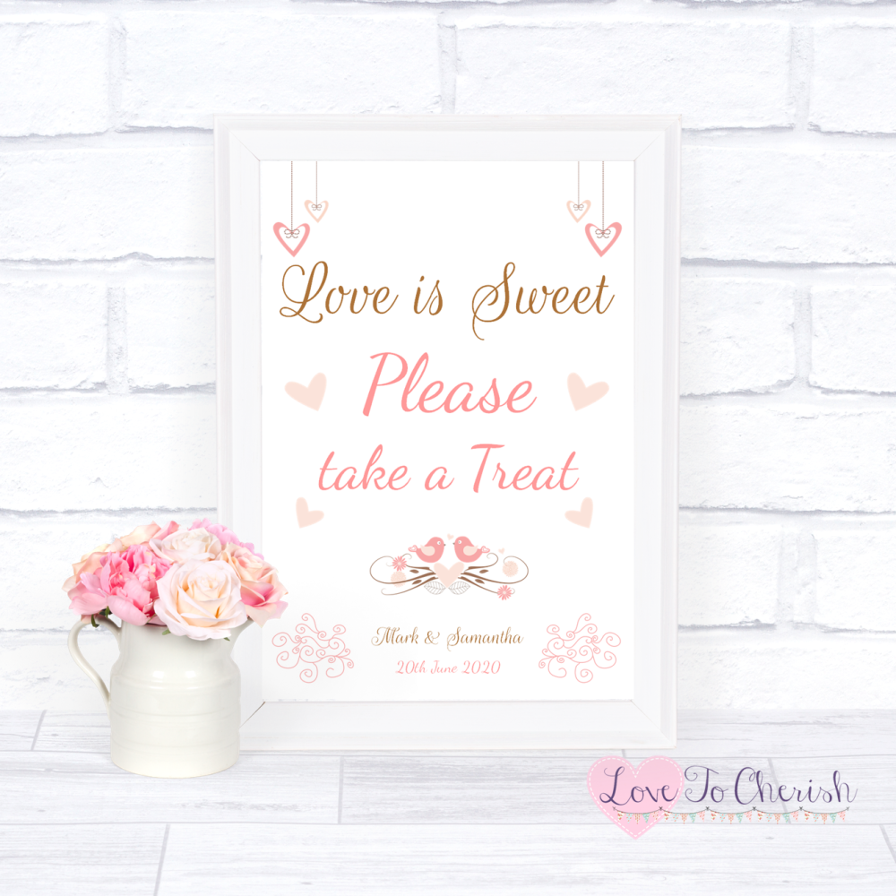 Love Is Sweet / Candy Table Wedding Sign - Shabby Chic Hanging Hearts & Lov