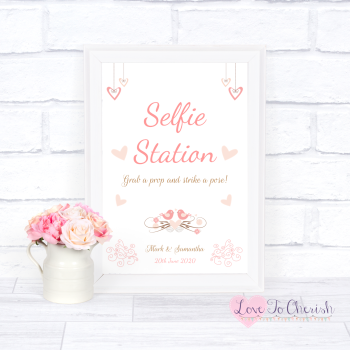 Shabby Chic Hanging Hearts & Love Birds - Selfie Station  - Wedding Sign